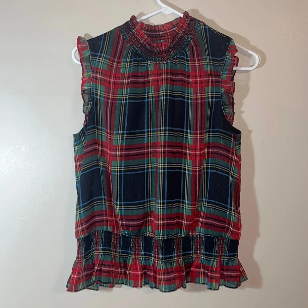 J. Crew Tartan Plaid Ruffle Sleeveless Blouse
